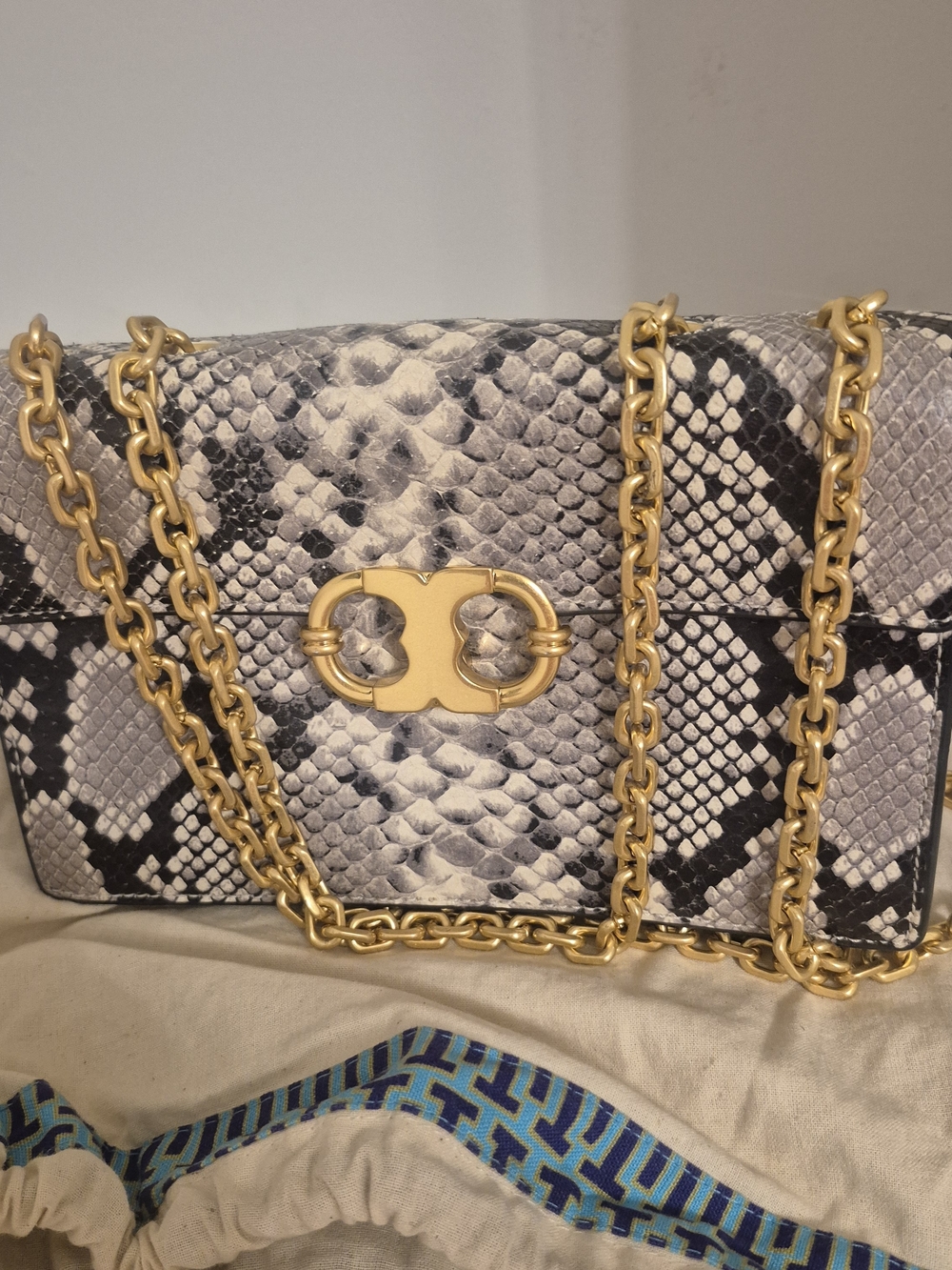 Tory Burch Black & White Python-Print Shoulder Bag with Gold Chain